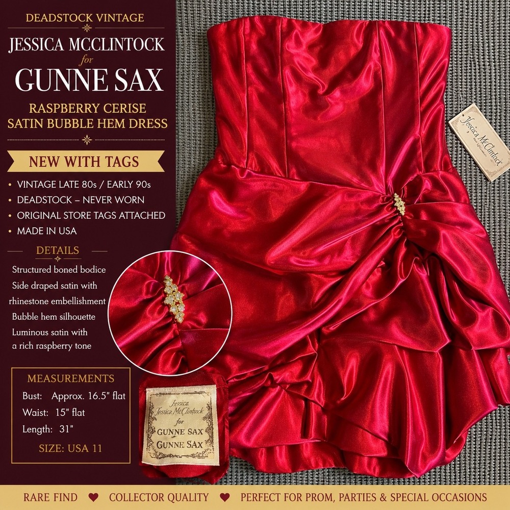 VTG‎ NWT Jessica McClintock Gunne Sax Raspberry Cerise Satin Bubble Hem Dress